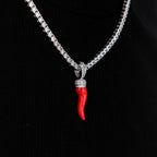 Iced Red Italian Horn Pendant in White Gold