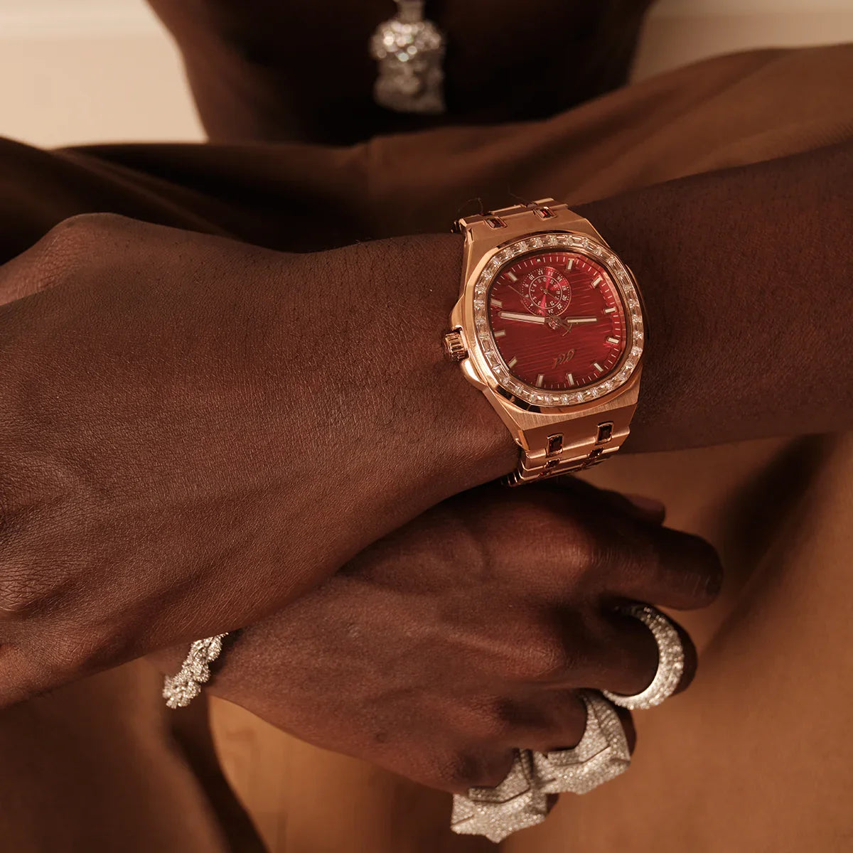 39MM Visionary Iced Ruby Stone Steel Band Watch - Rose Gold