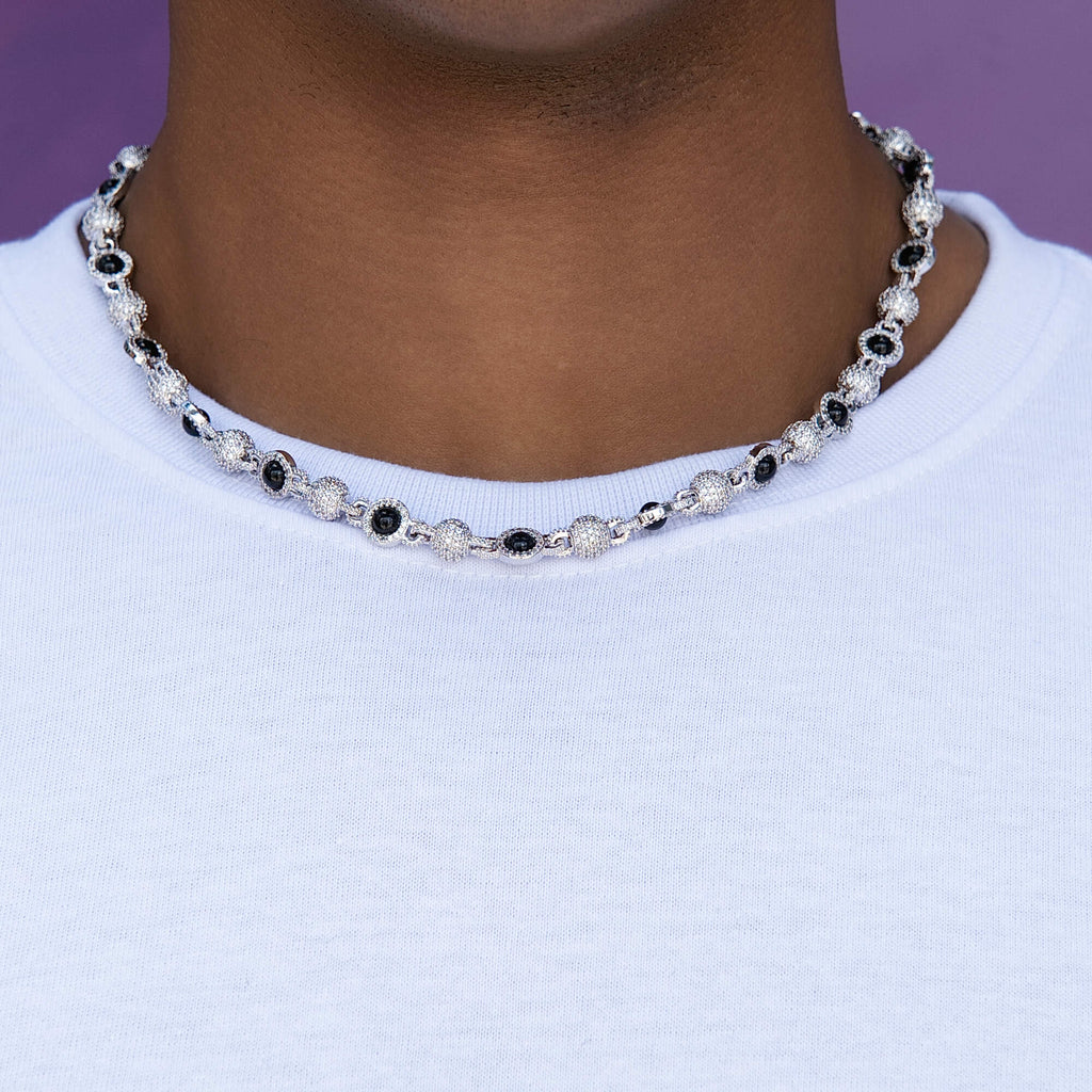 Iced Black Pearl Ball Chain Necklace in White Gold