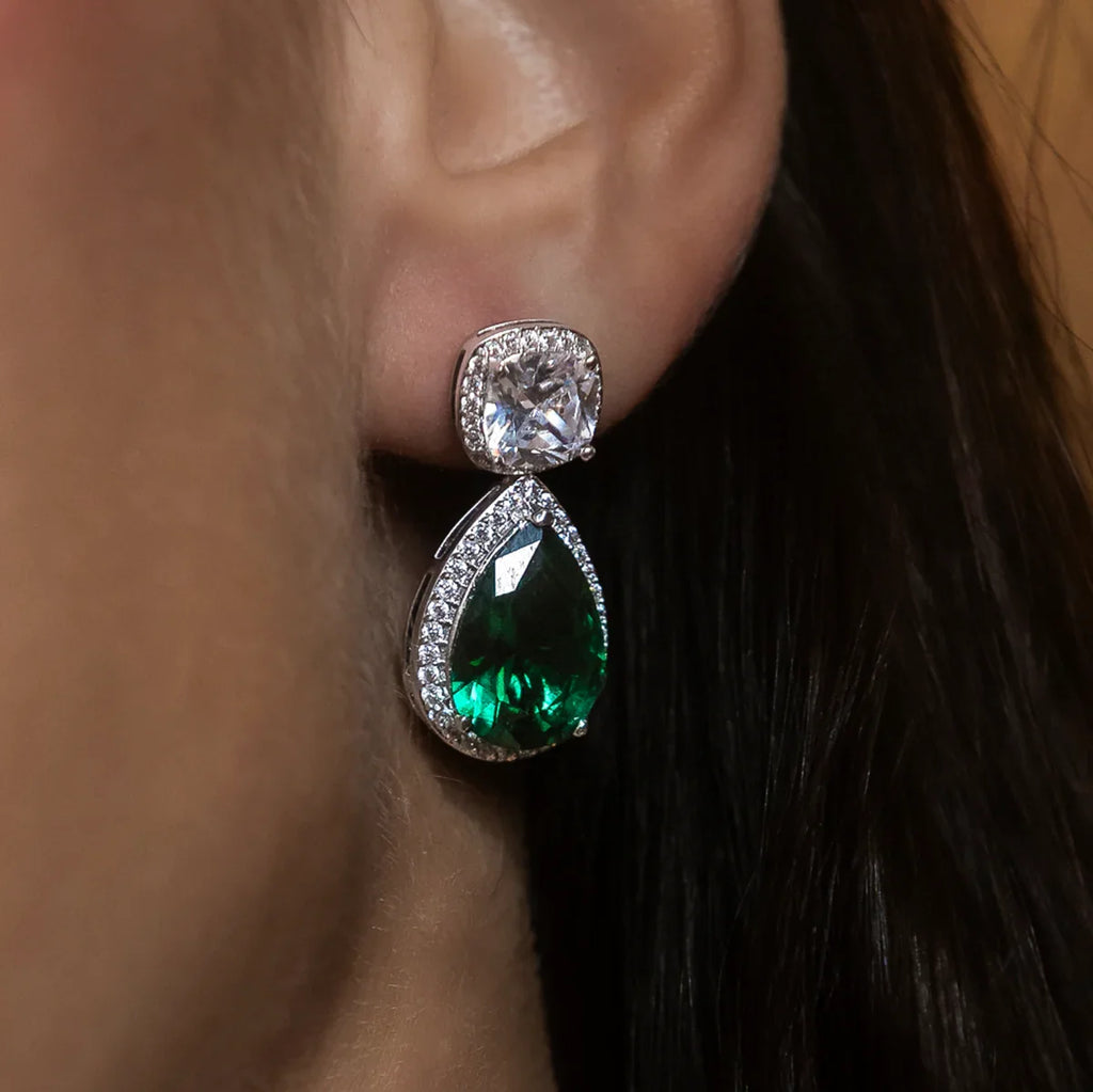 Iced Emerald Cushion Cut Drop Earrings