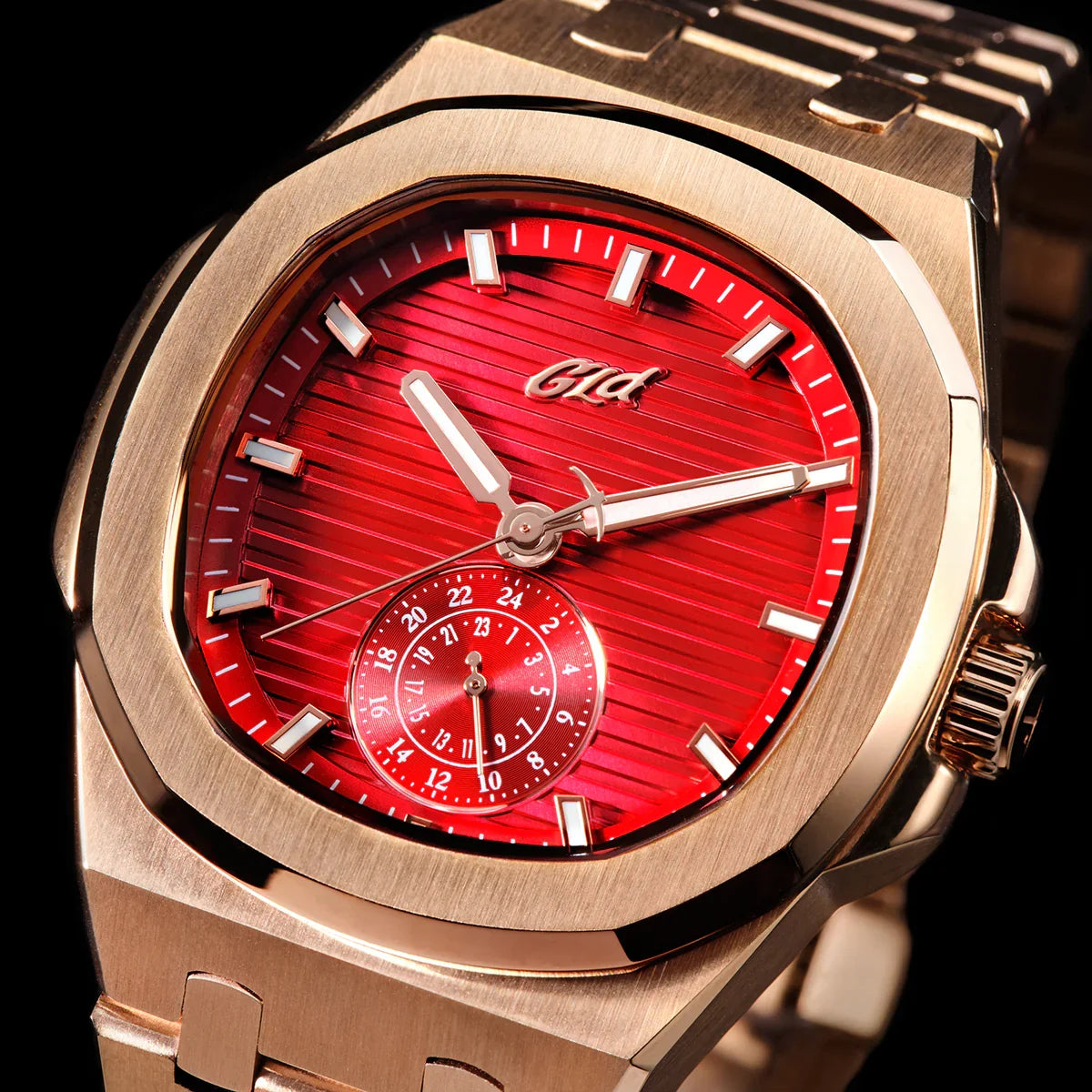 39MM Visionary Plain Case & Red Dial Watch - Rose Gold
