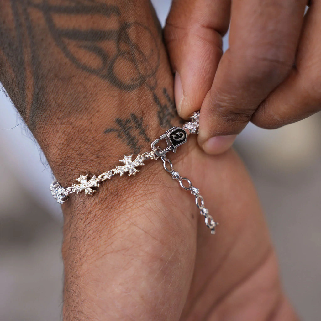 Iced Flared Cross Rosary Bracelet in White Gold