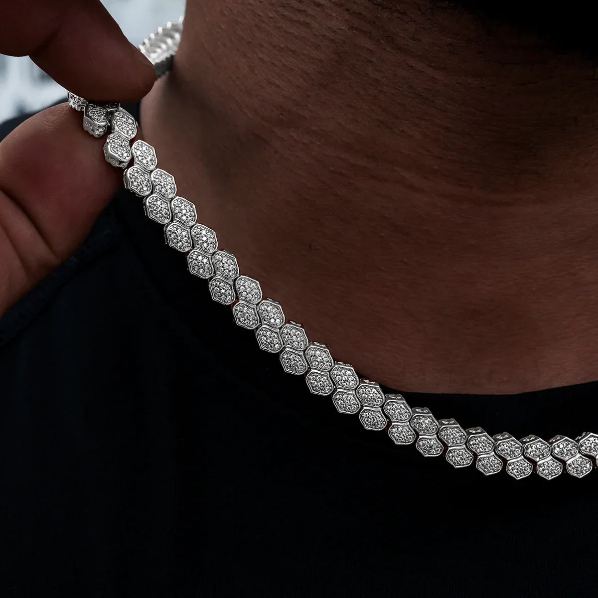Diamond Pave Flat Snake Link Chain in White Gold-4mm