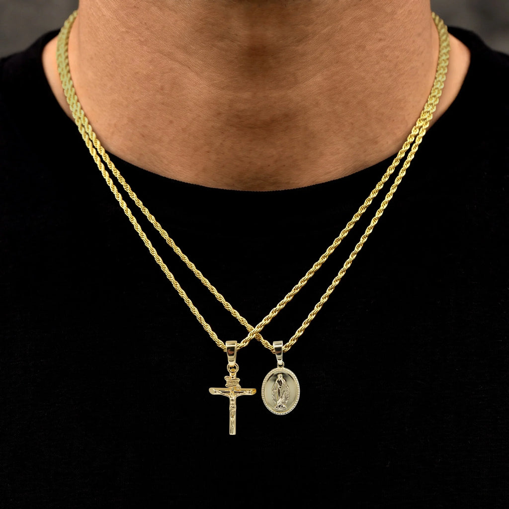 Micro Lady of Guadalupe and Crucifix Pendant Set in Yellow Gold