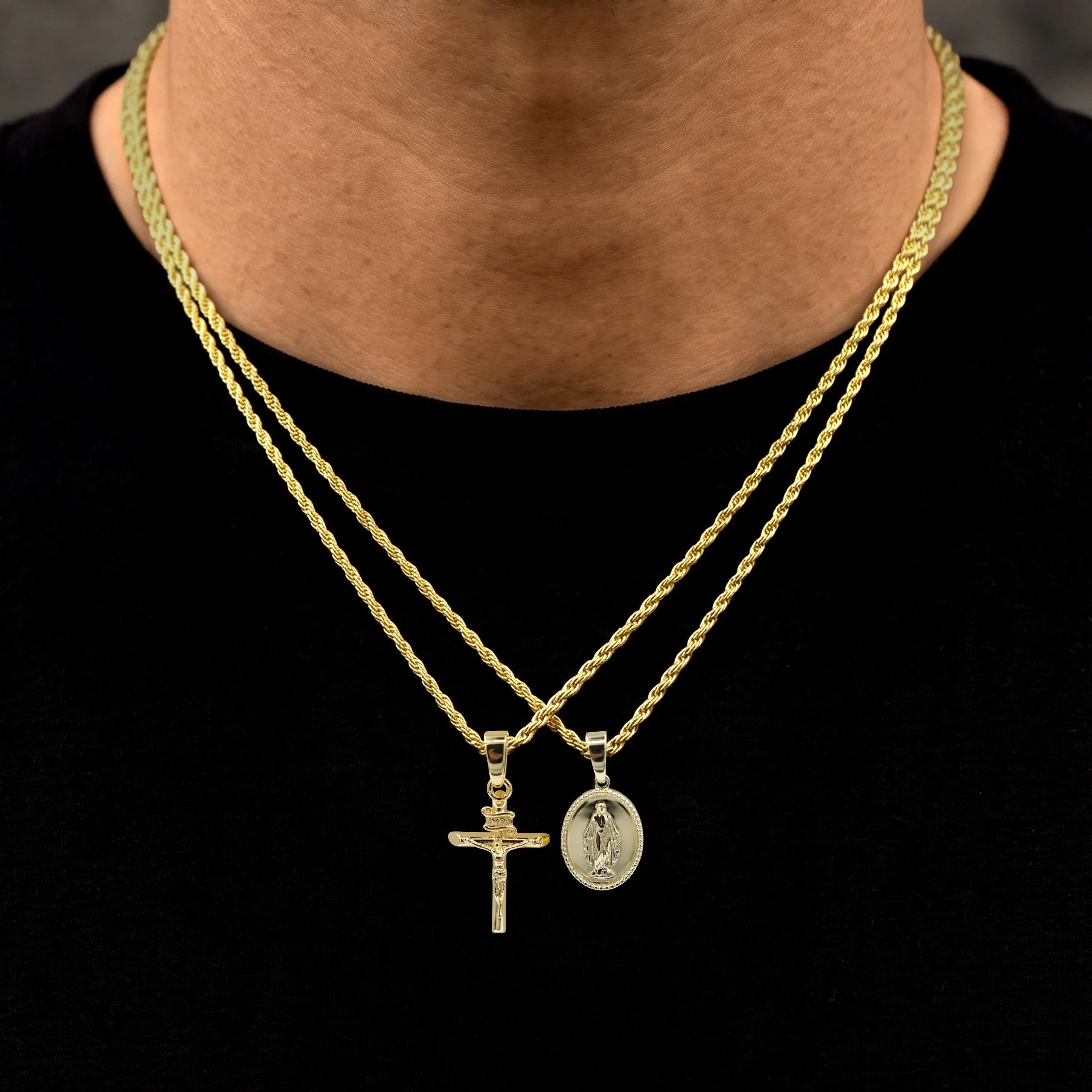 Micro Lady of Guadalupe and Crucifix Pendant Set in Yellow Gold