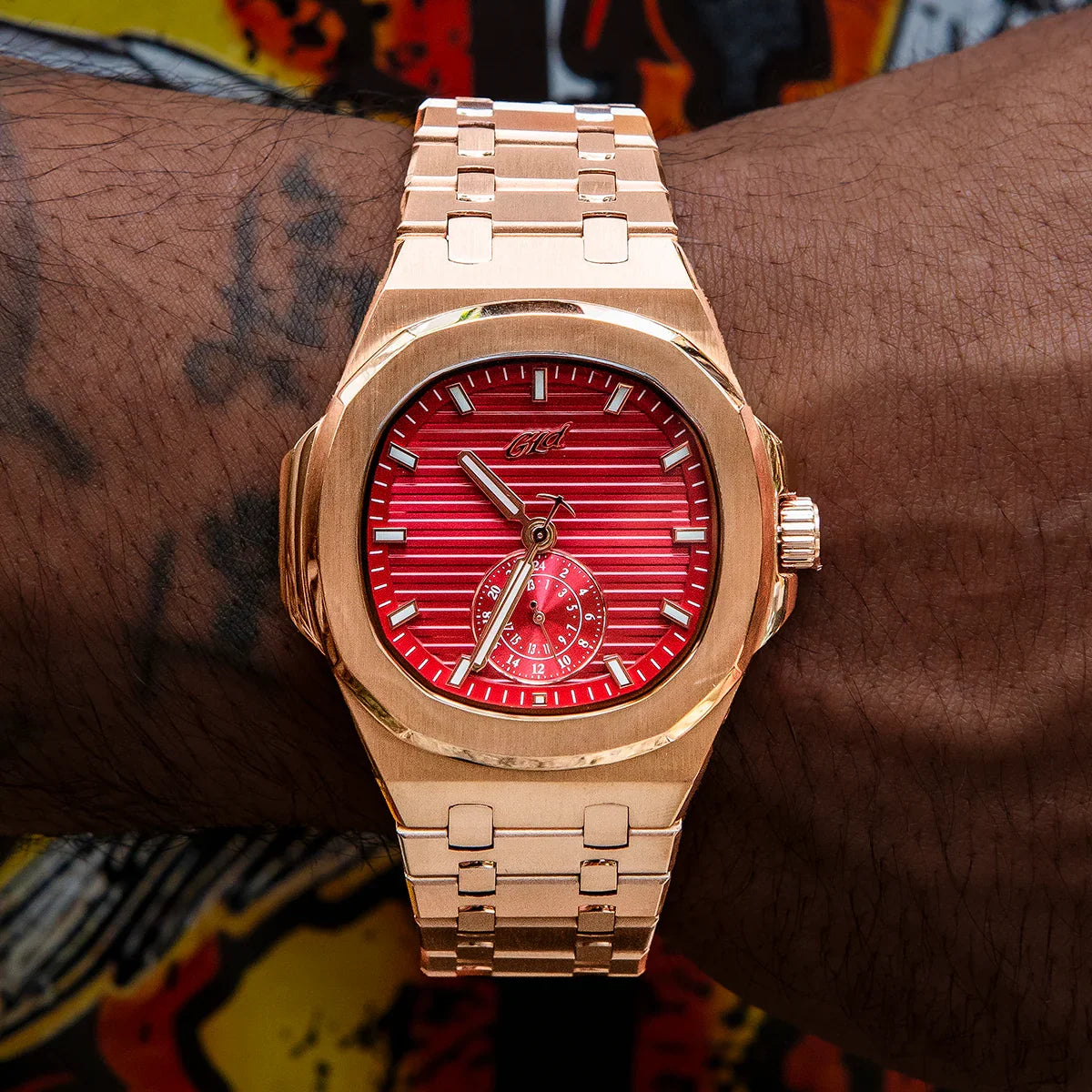 39MM Visionary Plain Case & Red Dial Watch - Rose Gold