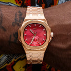 39MM Visionary Plain Case & Red Dial Watch - Rose Gold