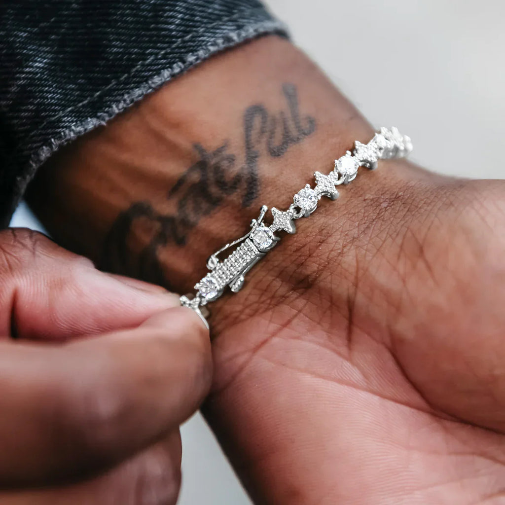 Round Stone Star Tennis Chain + Bracelet Bundle in White Gold