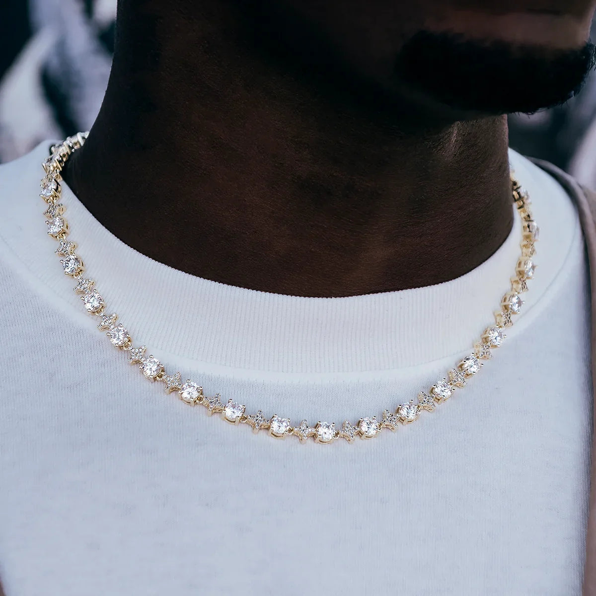 Round Stone Star Tennis Chain + Diamond Cluster Mariner Chain Bundle in Yellow Gold