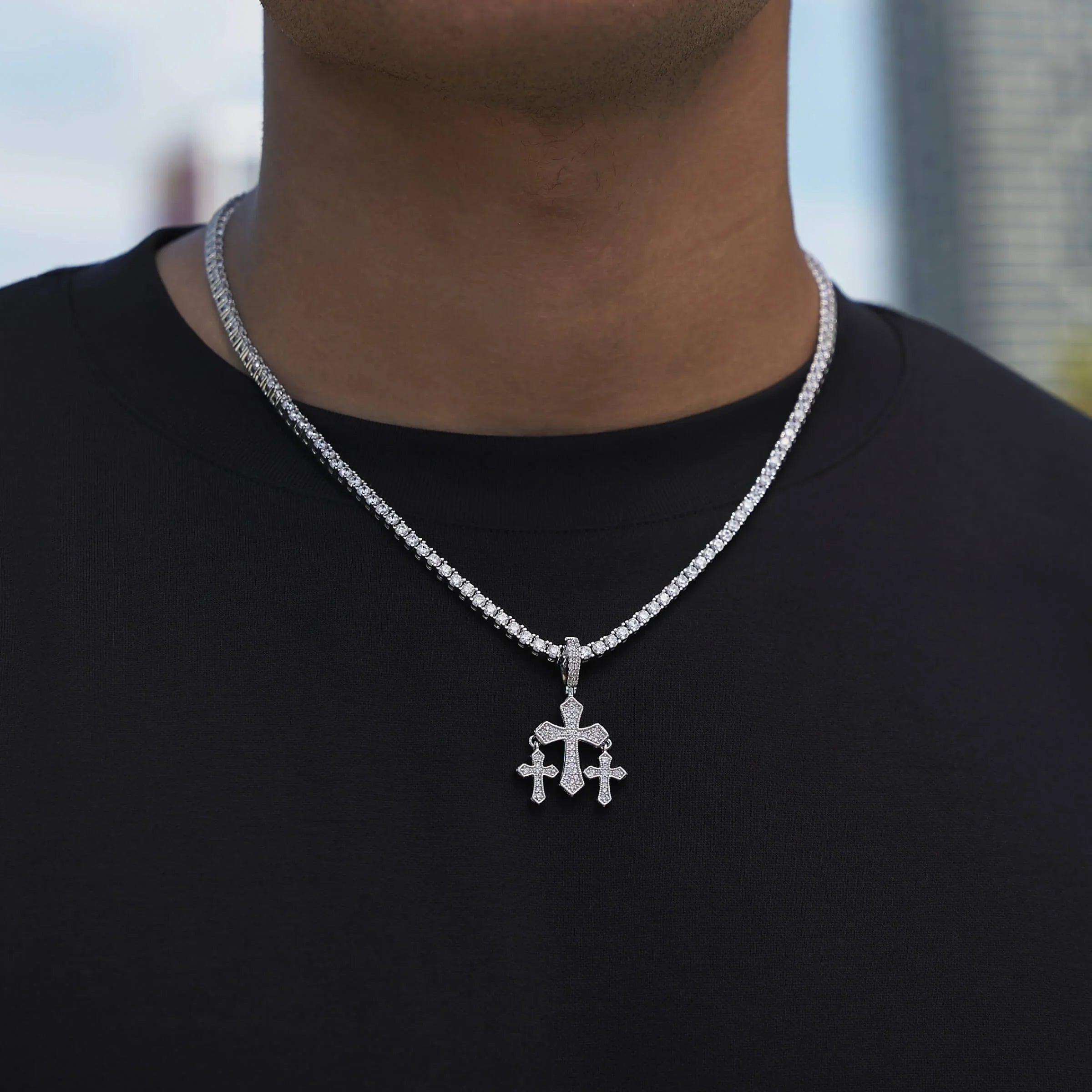 Micro Iced Triple Cross Pendant in White Gold