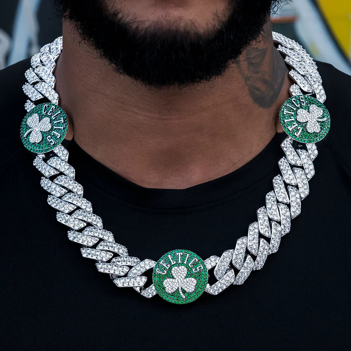 Boston Celtics Official NBA Diamond Prong Cuban Chain in White Gold- 25mm