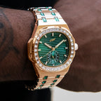 39MM Visionary Iced Emerald Stone Steel Band Watch - Rose Gold