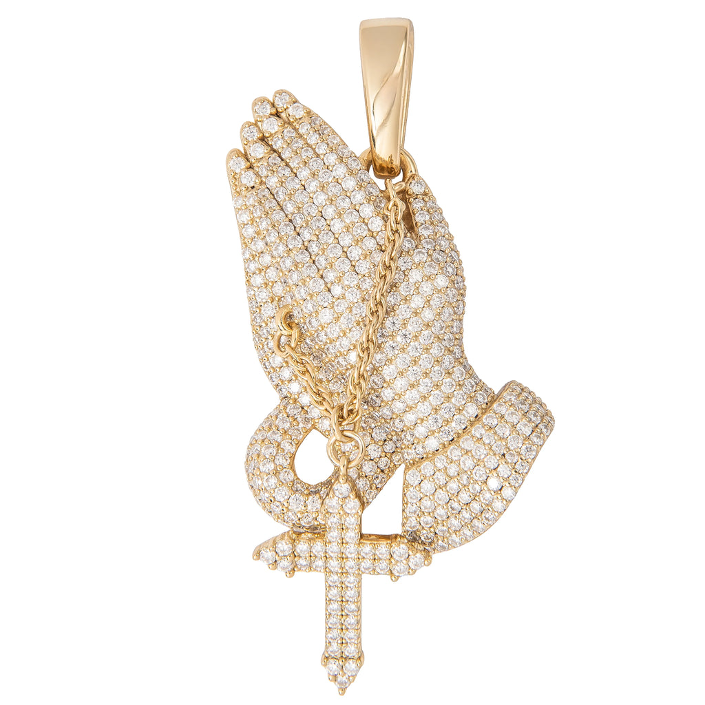 Men's Moissanite Praying Hands Pendant in Yellow Gold Vermeil