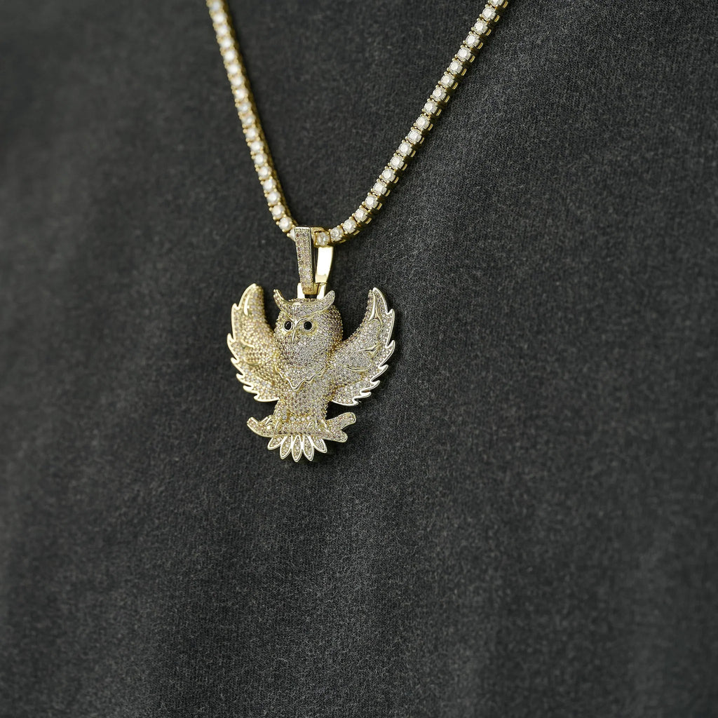 Iced Owl Pendant in Yellow Gold