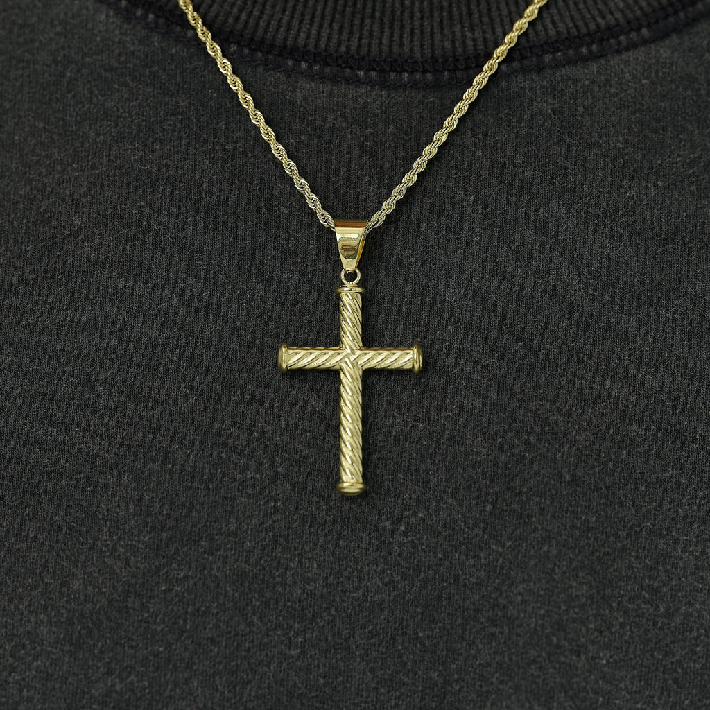 Twisted Rope Cross Pendant + 2MM Rope Chain Bundle in Yellow Gold