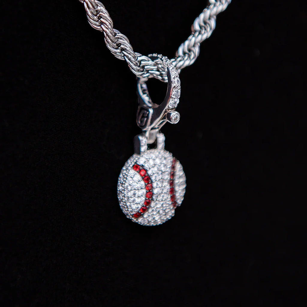 Iced Baseball Clip On Pendant - White Gold