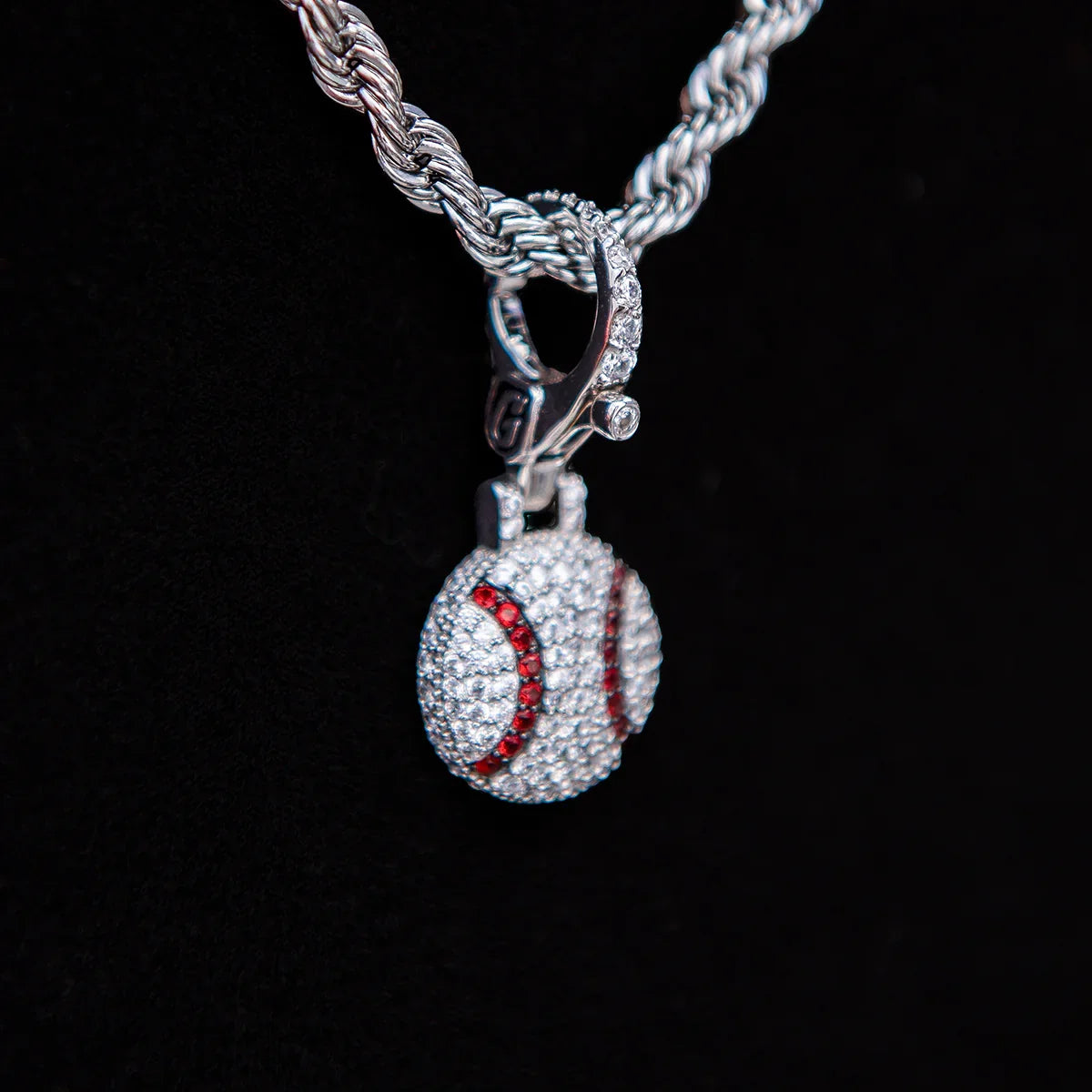 Iced Baseball Clip On Pendant - White Gold
