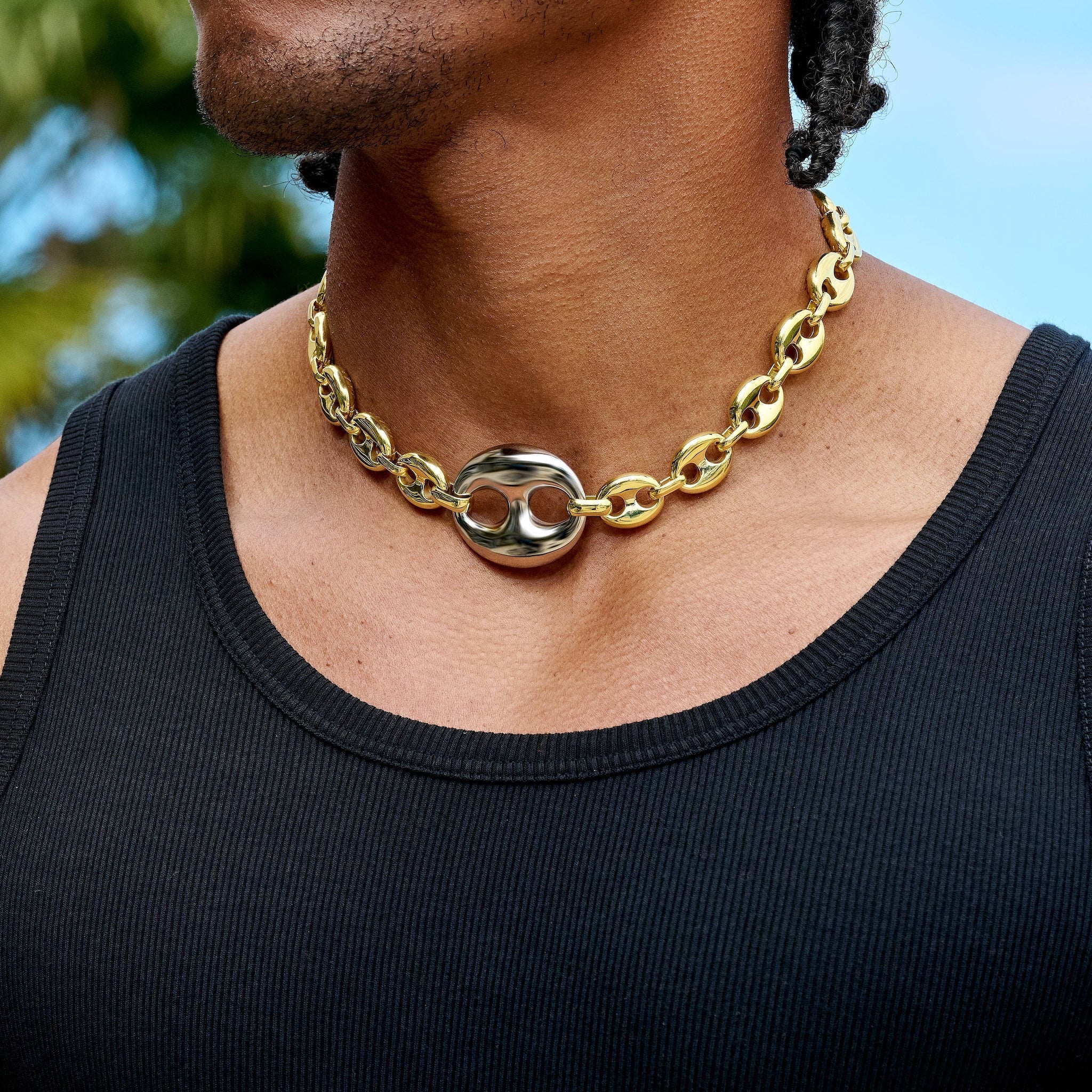 Two Tone Large Link Puffed Mariner Chain in Yellow & White Gold - 15mm