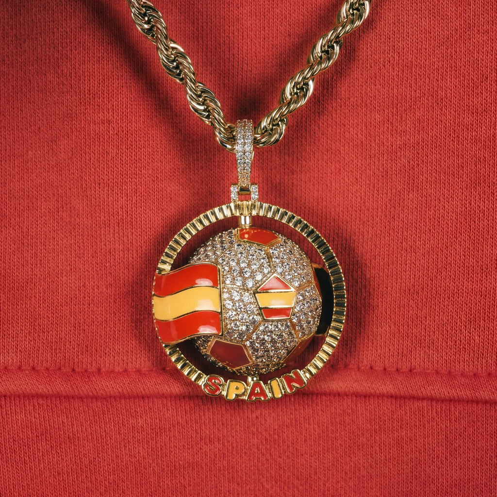 Diamond Spain Spinning Globe Flag Pendant in Yellow Gold