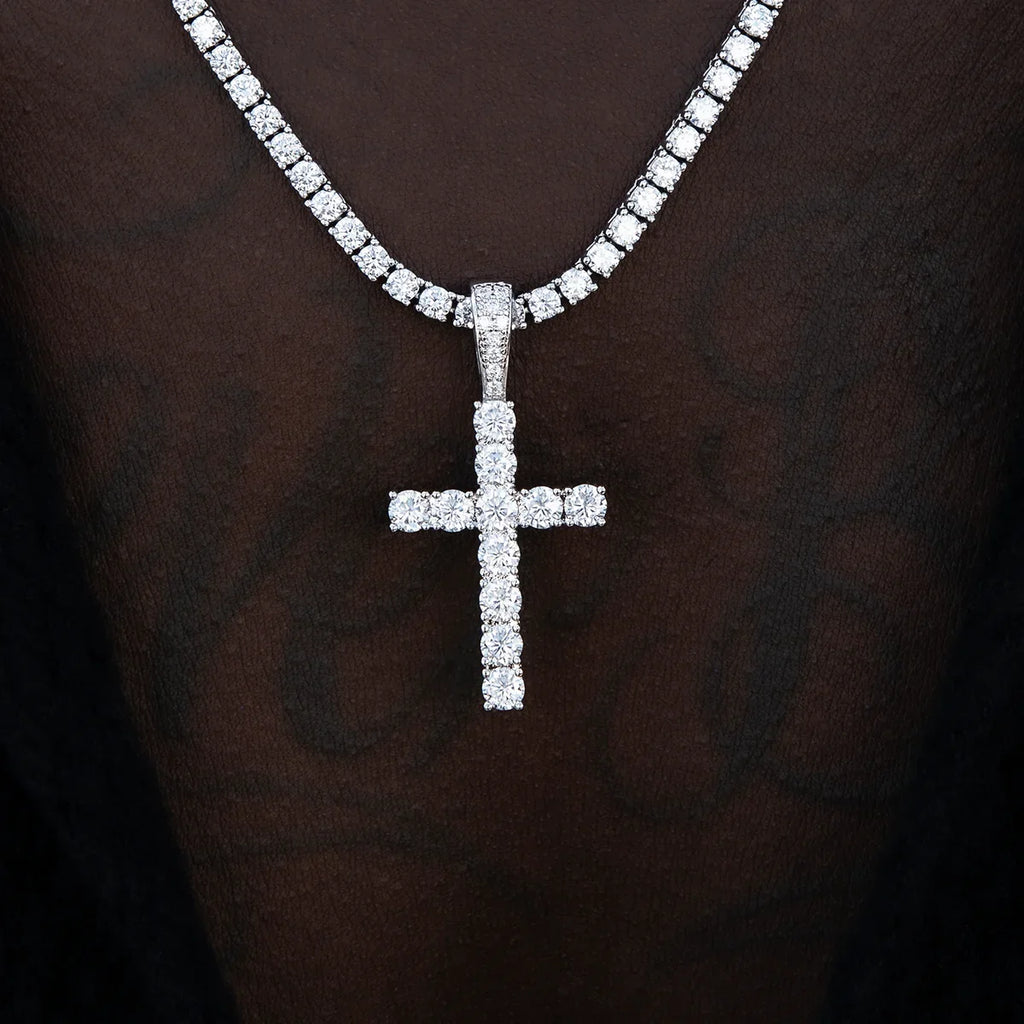Moissanite Diamond Cross Pendant in Sterling Silver