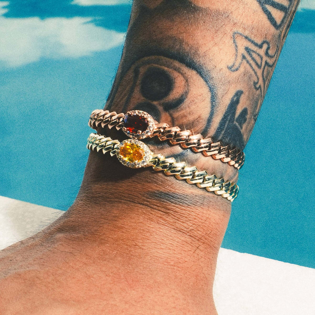 Iced Burgundy Oval Cuff in Rose Gold + Iced Canary Oval Cuff in Yellow Gold Bundle - 3mm