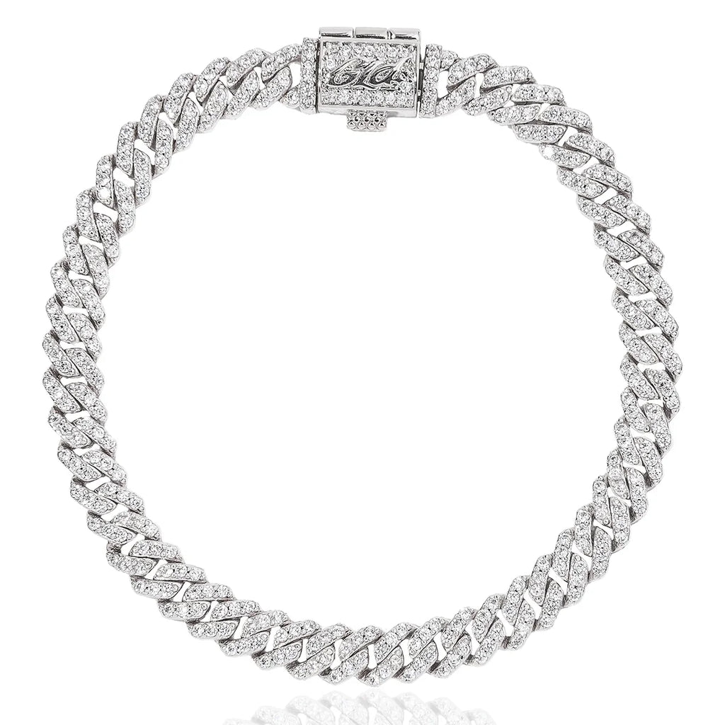 Micro Diamond Prong Cuban Bracelet in White Gold - 6mm
