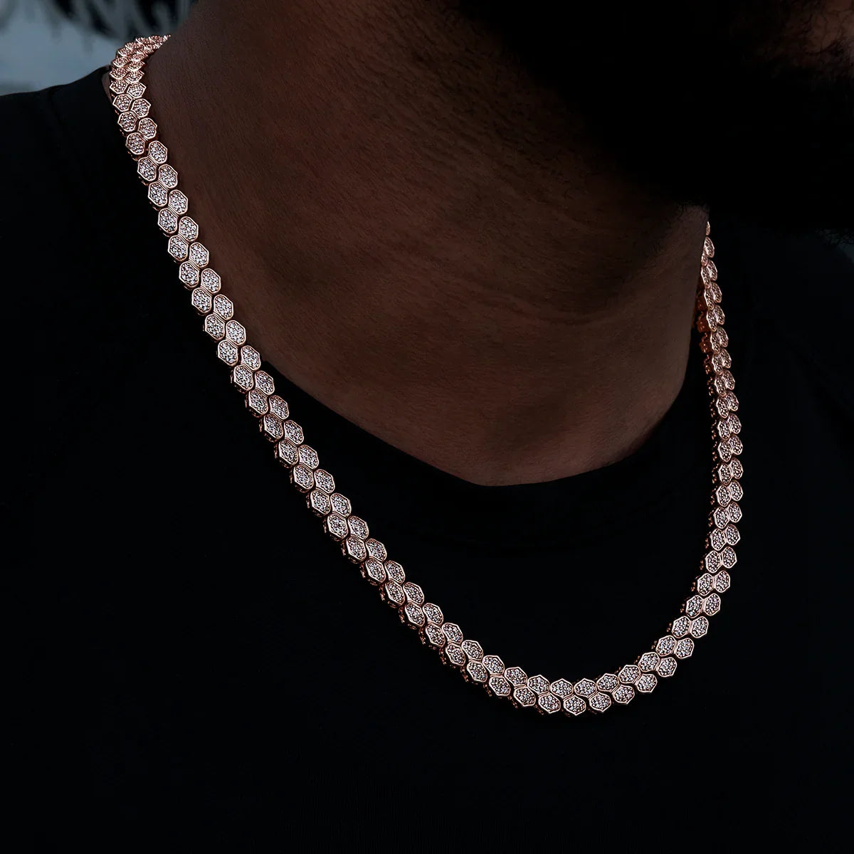 Diamond Pave Flat Snake Link Chain in Rose Gold-4mm