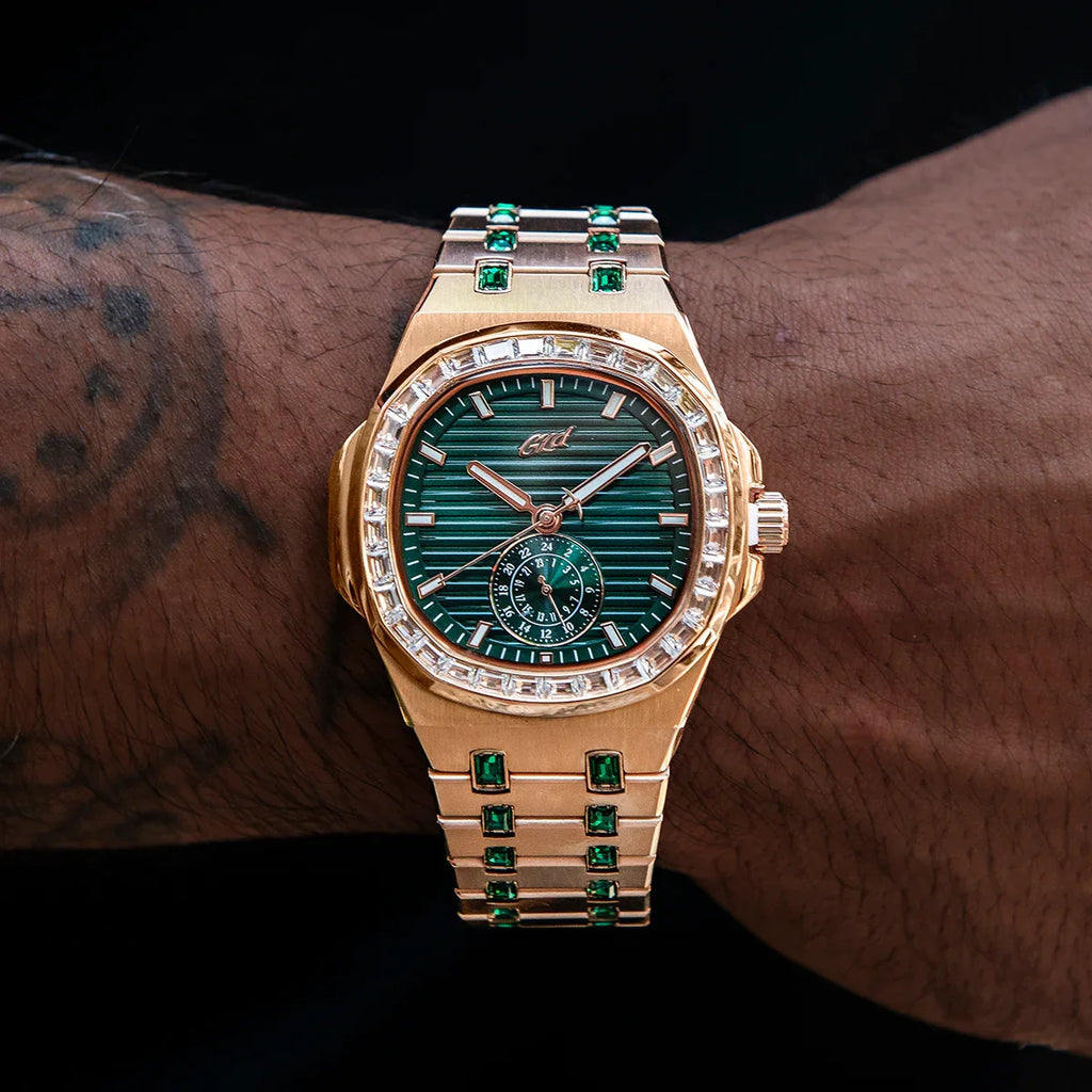 39MM Visionary Iced Emerald Stone Steel Band Watch - Rose Gold