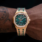 39MM Visionary Iced Emerald Stone Steel Band Watch - Rose Gold