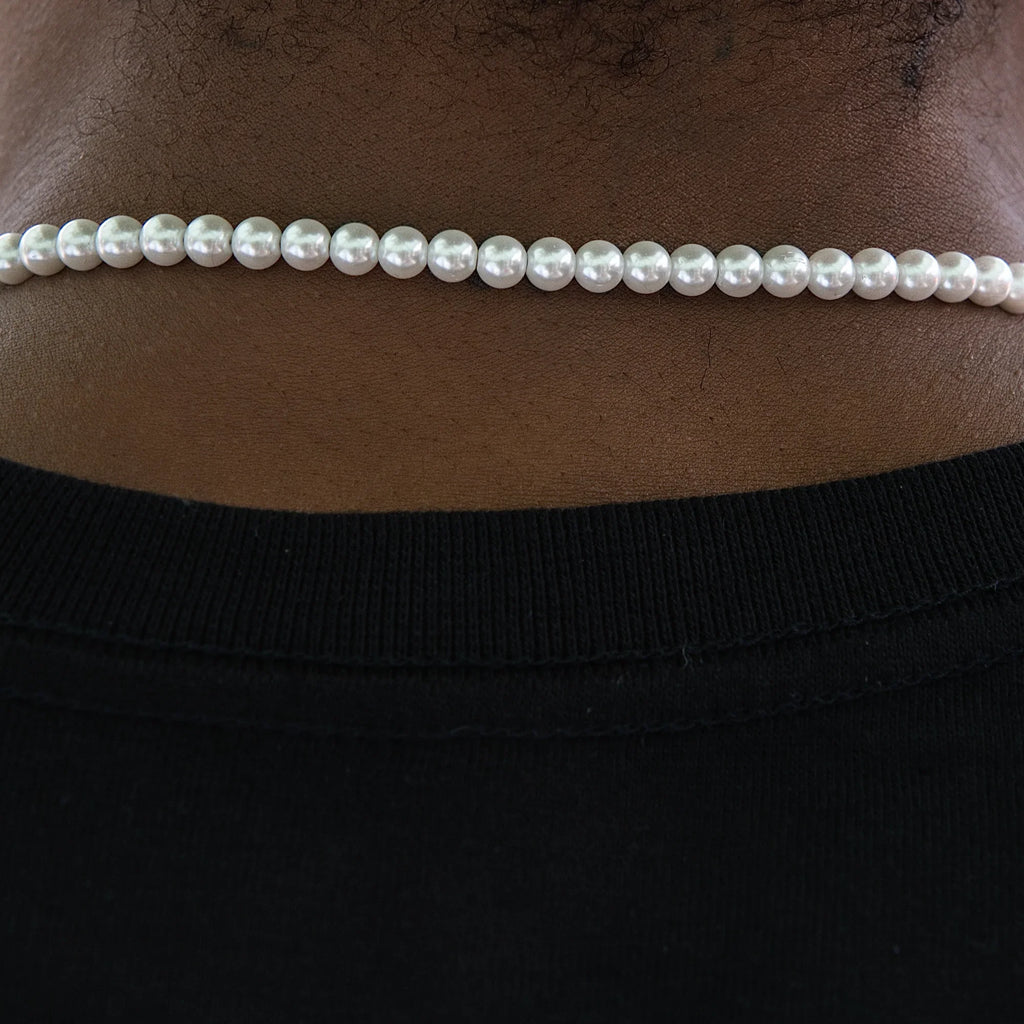 Iced Cross Pearl Bolo Chain in White Gold
