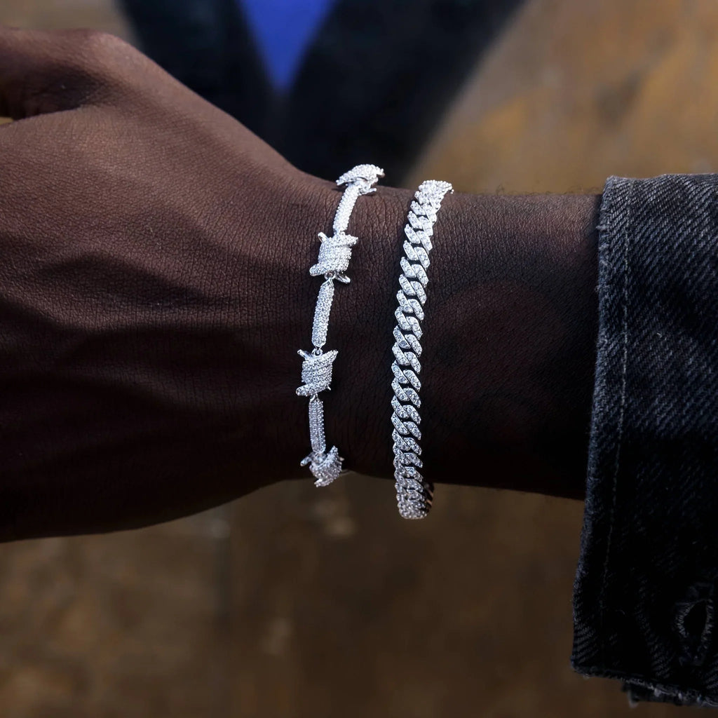 Iced Barbed Wire + 6mm Micro Diamond Prong Bracelet Bundle in White Gold