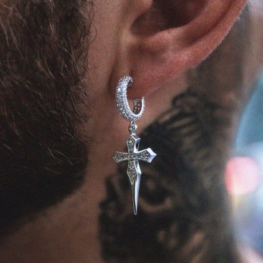 Dripping Cross Extra Small Huggie Hoop Earrings in White Gold