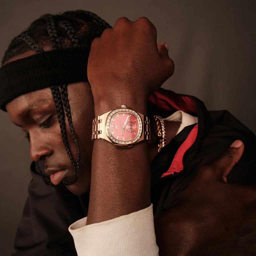 39MM Visionary Iced Ruby Stone Steel Band Watch - Rose Gold