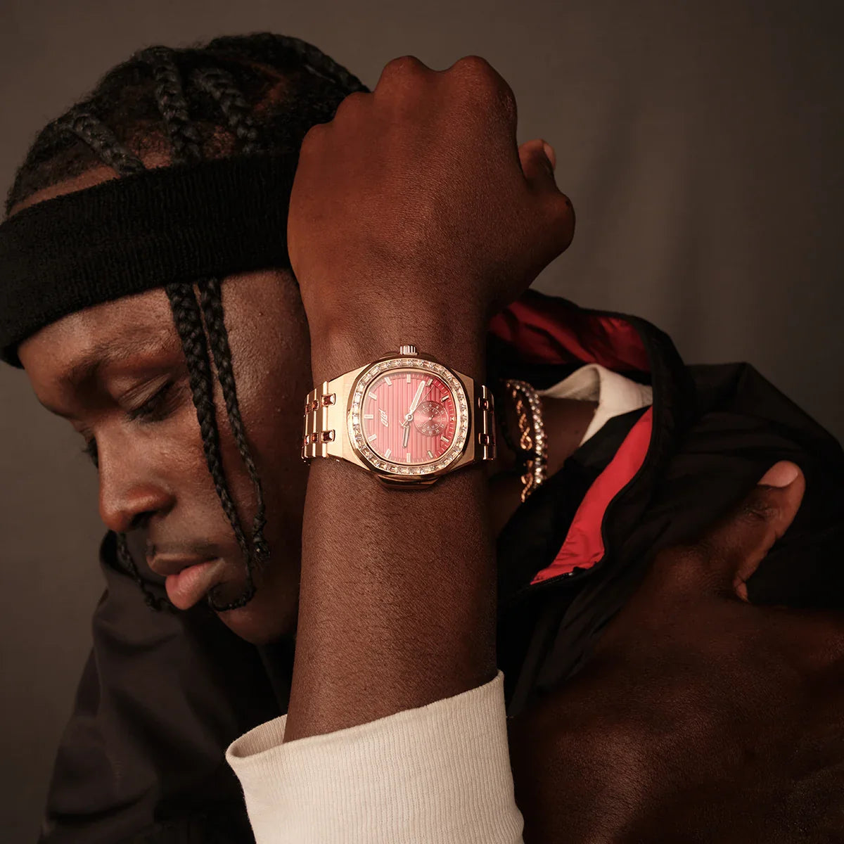 39MM Visionary Iced Ruby Stone Steel Band Watch - Rose Gold