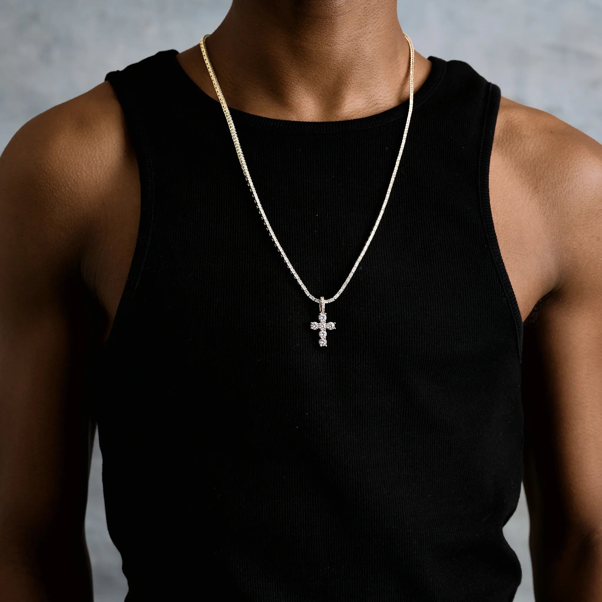 Micro Iced Round Cross Pendant in Rose Gold