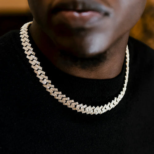 Baguette Prong Set Cuban Chain in Yellow Gold- 12mm