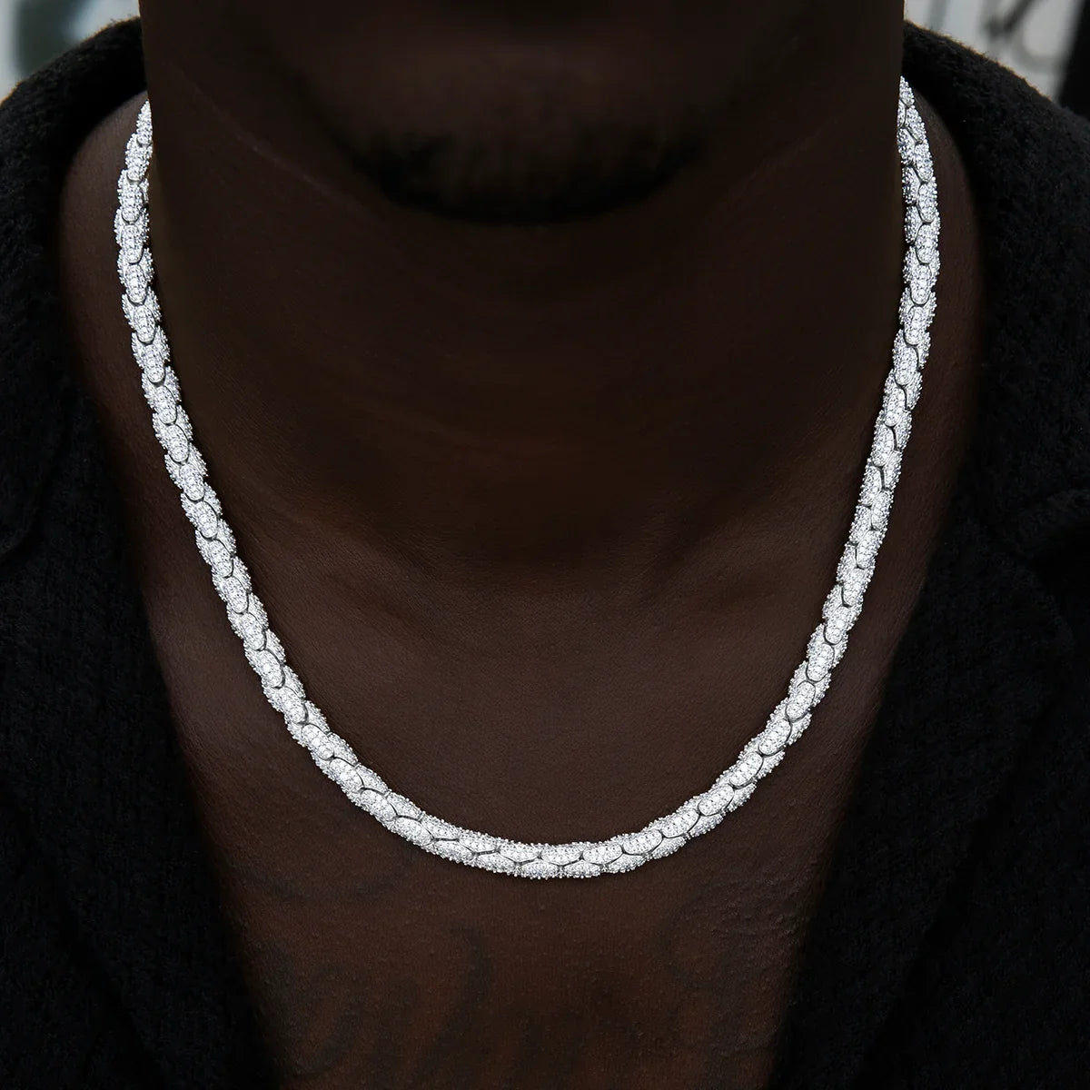 Diamond Pave Snake Link Chain in White Gold-6mm