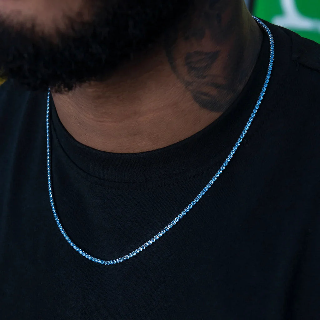Blue Topaz Diamond Micro Tennis Chain in White Gold