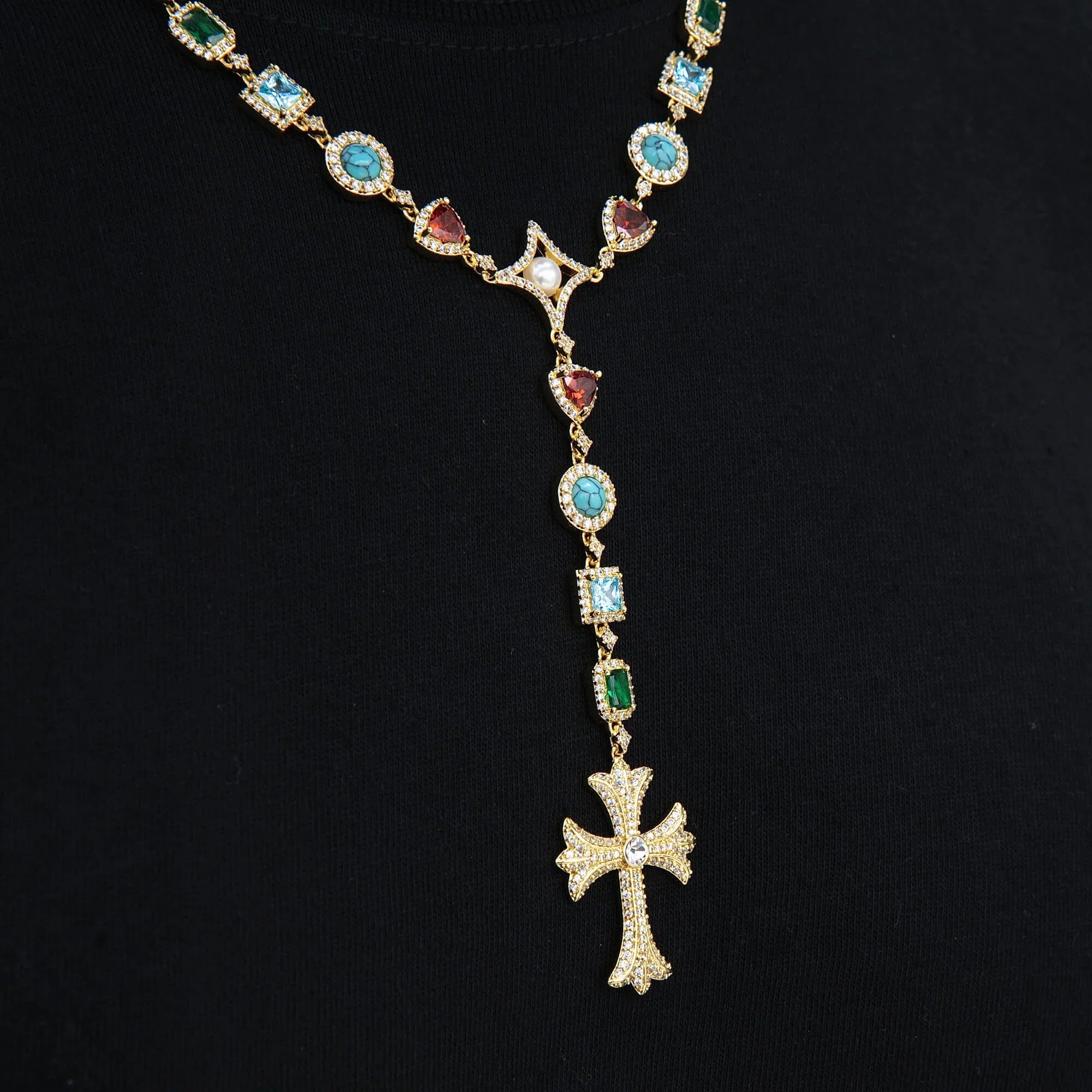 Colored Gemstone Pearl Rosary Chain Necklace in Yellow Gold