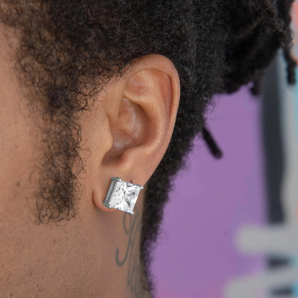 10MM Square Cut Diamond Stud Earring in White Gold