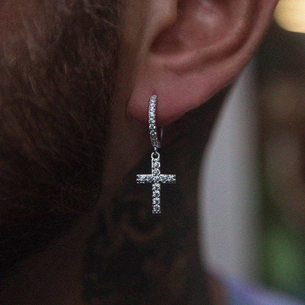 Diamond Cross Micro Huggie Hoop Earrings in White Gold