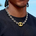 Two Tone Large Link Puffed Mariner Chain Necklace in White & Yellow Gold - 15mm