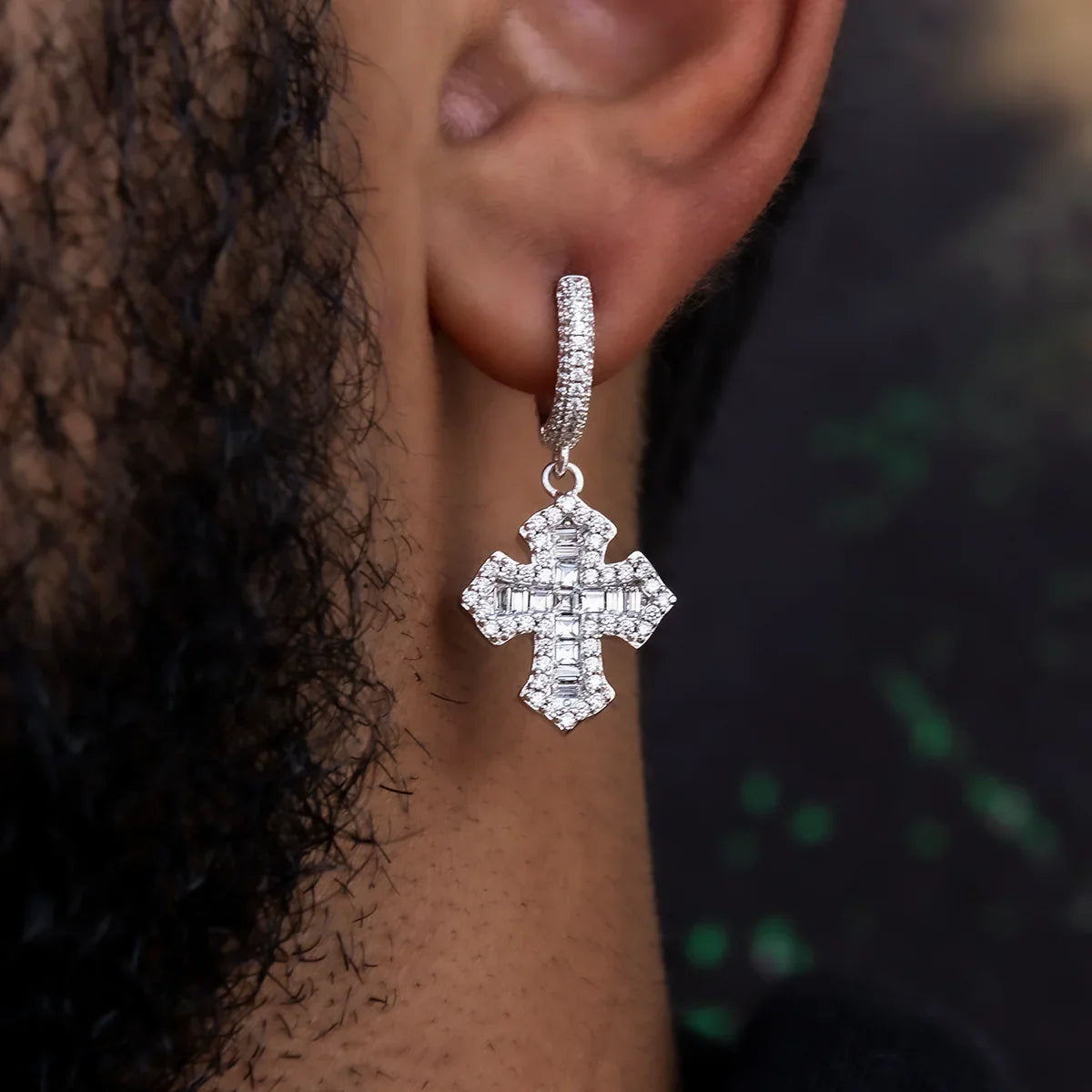 Baguette Gothic Cross Hoop Earrings