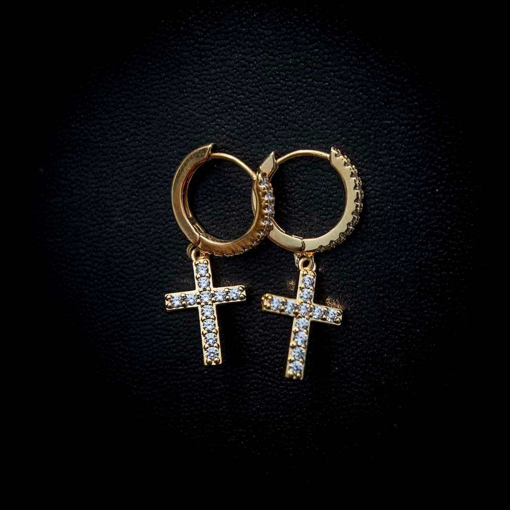 Diamond Cross Micro Huggie Hoop Earrings in Yellow Gold