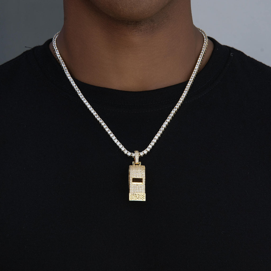 Iced Functioning Coaches Whistle Pendant in Yellow Gold