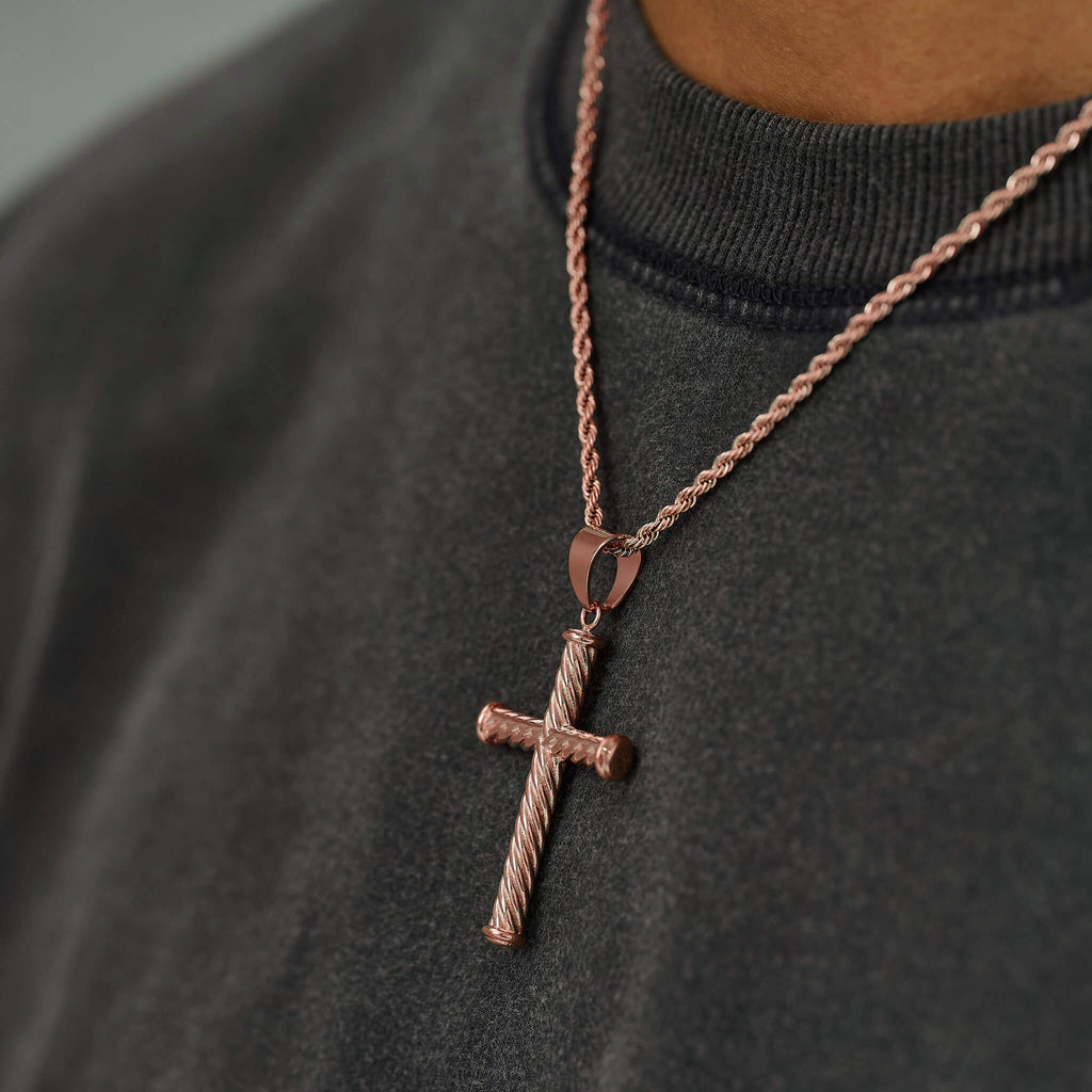 Twisted Rope Cross Pendant + 2MM Rope Chain Bundle in Rose Gold