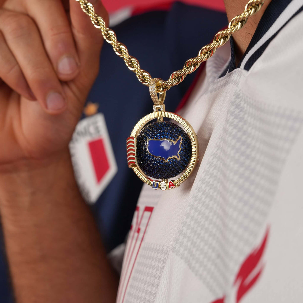 Diamond USA Spinning Globe Flag Pendant in Yellow Gold