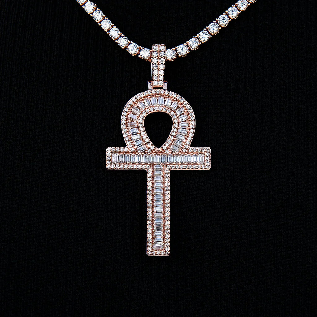 Men's Moissanite Ankh Cross Pendant in Rose Gold Vermeil