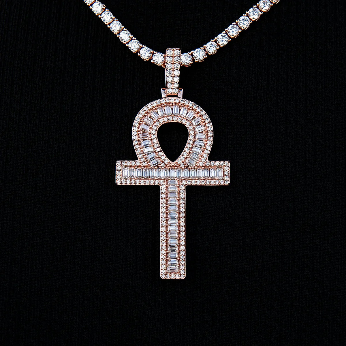 Men's Moissanite Ankh Cross Pendant in Rose Gold Vermeil