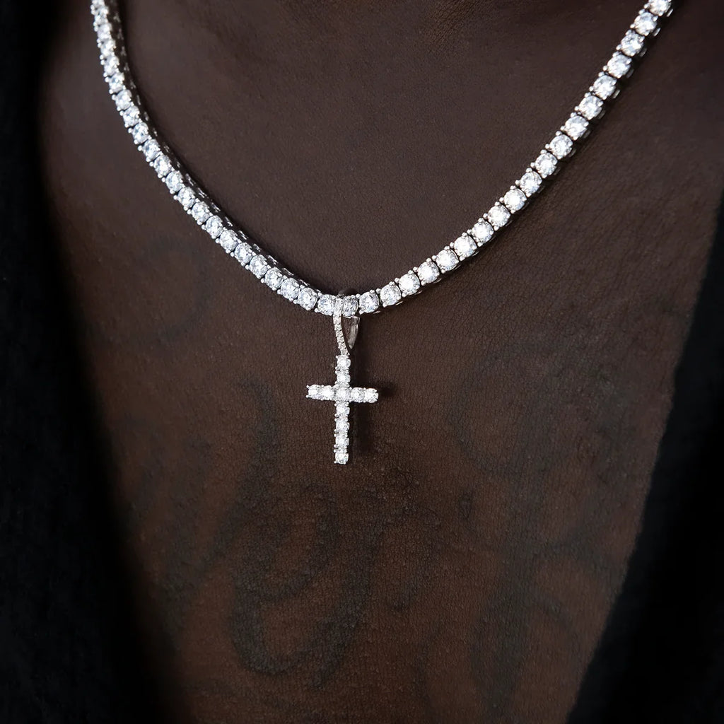Moissanite Diamond Cross Micro Pendant in Sterling Silver
